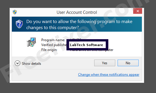 Screenshot where LabTech Software appears as the verified publisher in the UAC dialog